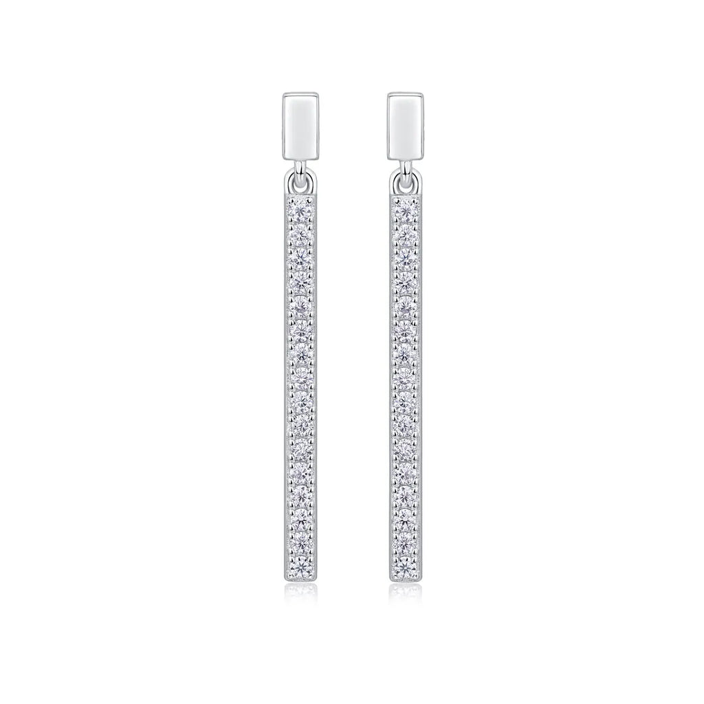 Pair of moissanite stud earrings in S925 silver with platinum plating on white background
