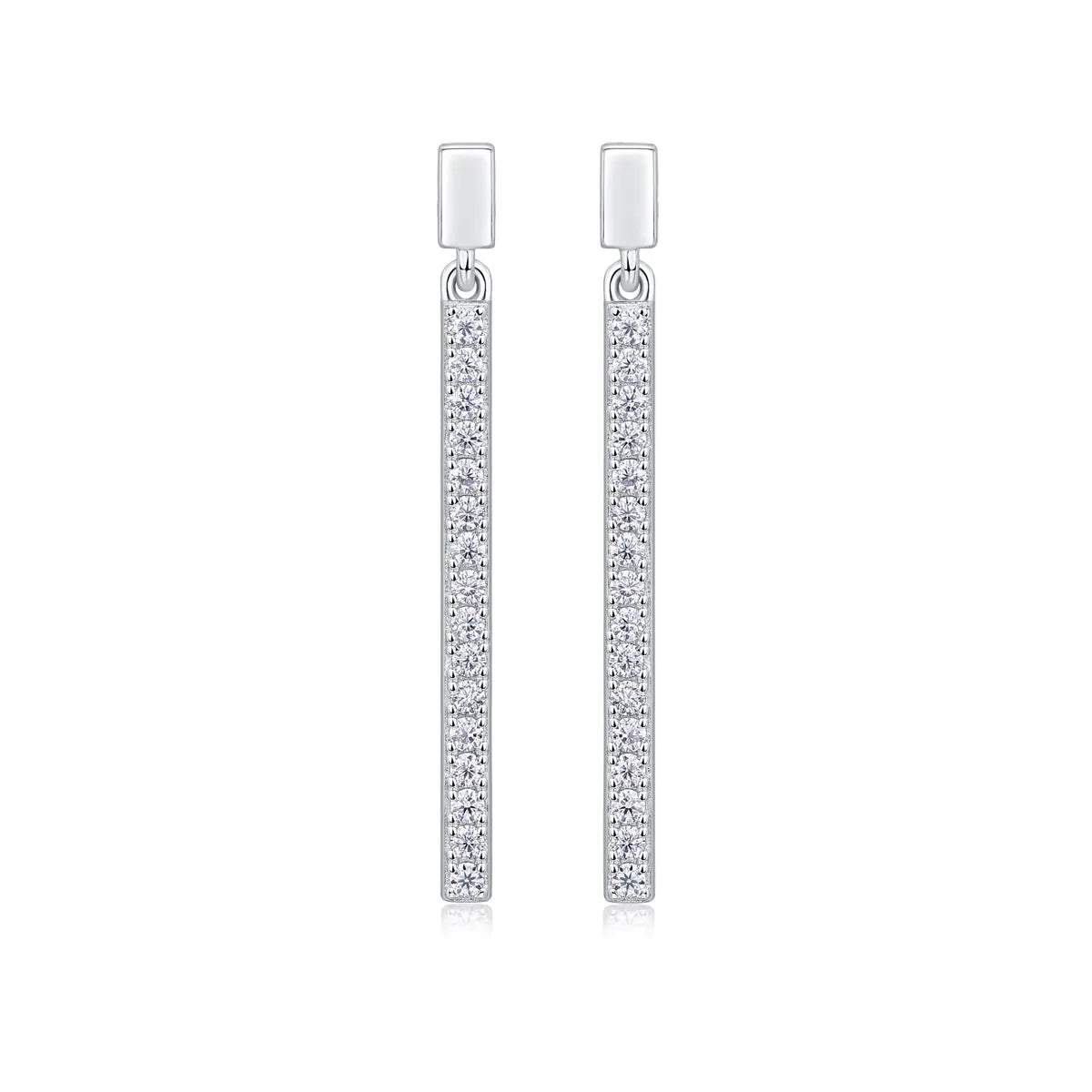 Pair of moissanite stud earrings in S925 silver with platinum plating on white background
