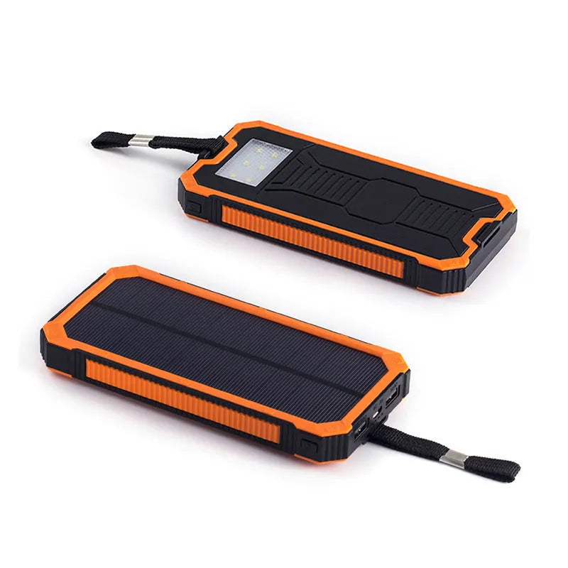 Solar power bank portable charger with plastic housing in black, green, orange, or yellow colour options