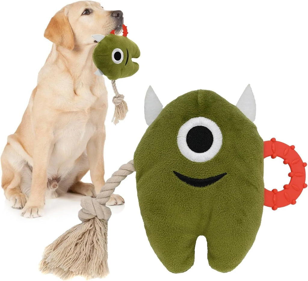 Blue and green stuffed plush dog toy with cotton rope sections and squeaker