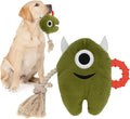 Blue and green stuffed plush dog toy with cotton rope sections and squeaker