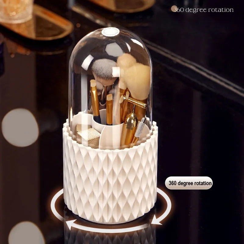 White acrylic makeup brush storage box with transparent cover and rotating base