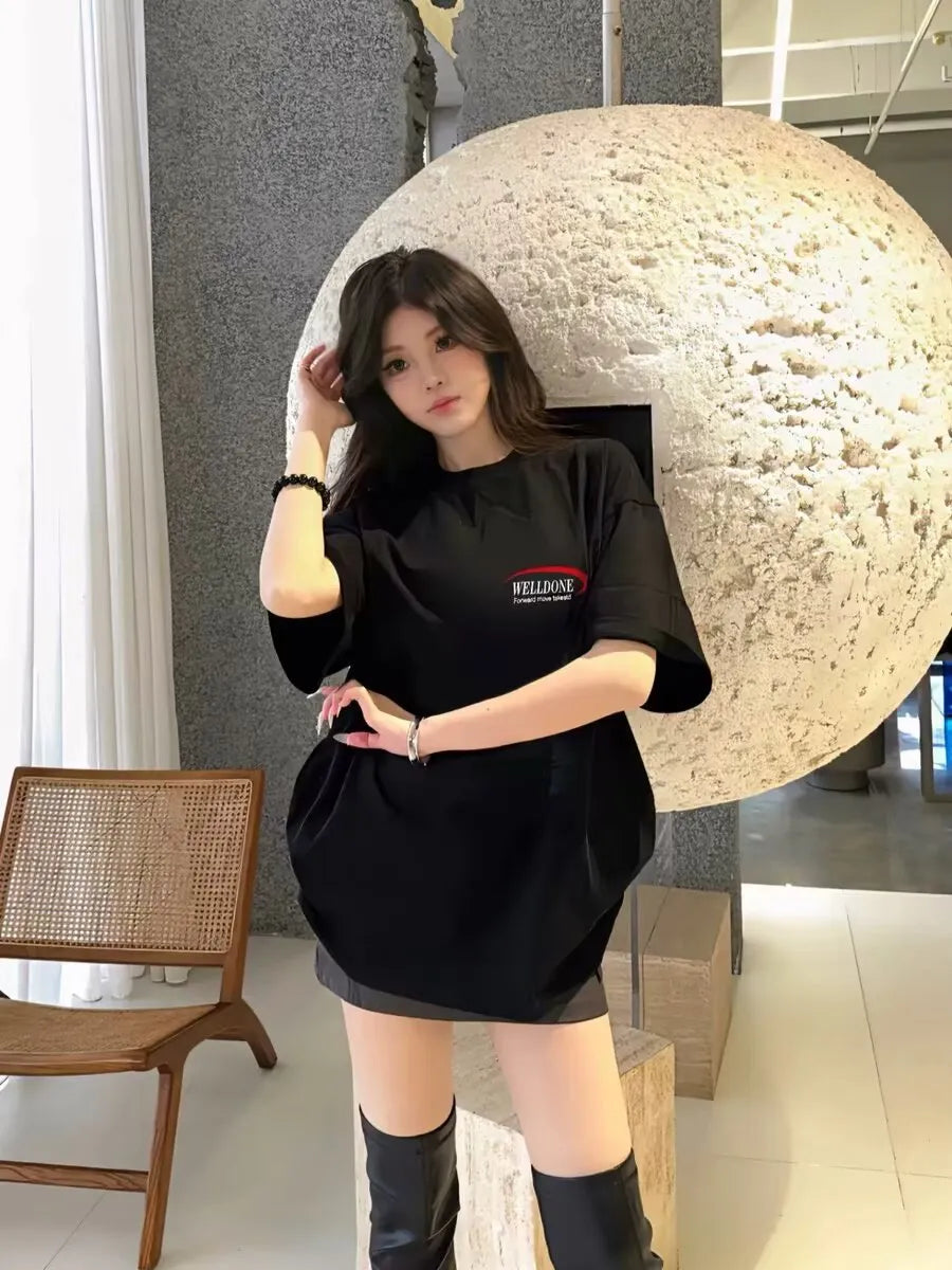 American brand letter print linen-silk blend striped t-shirt in black front view