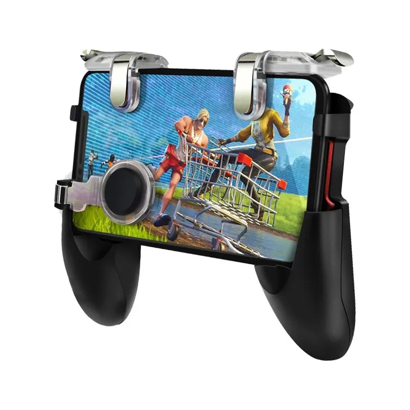 Black wired mobile phone game controller with ergonomic grip and physical action buttons plugged into a smartphone.