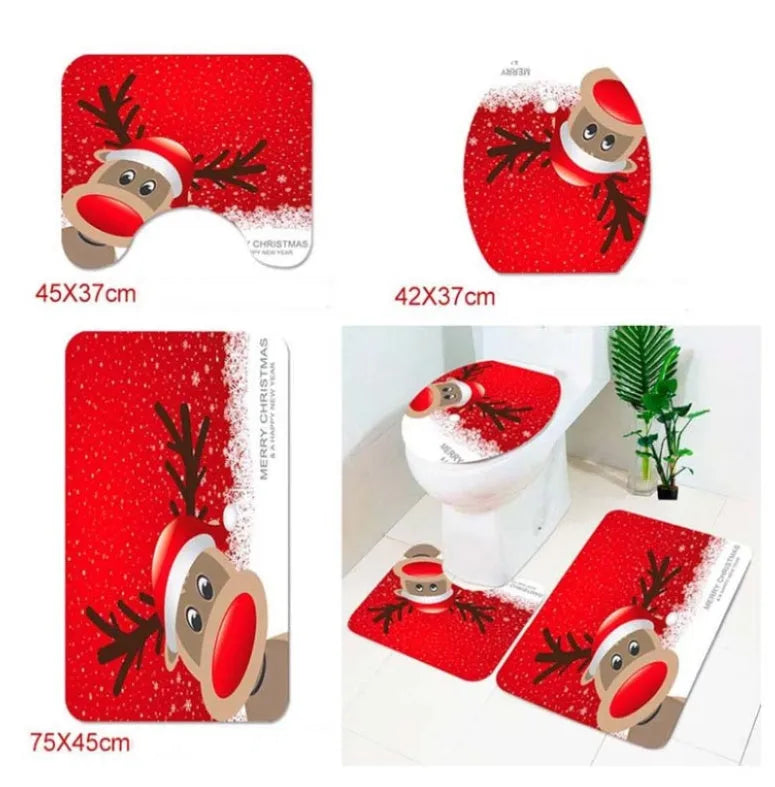 Christmas bathroom decoration set with Santa Claus shower curtain, toilet cover, and non-slip flannel floor mat