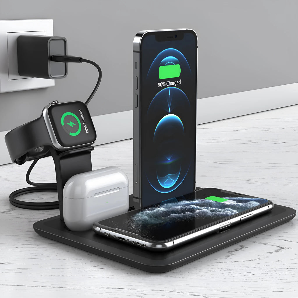 Black and white wireless charging desk stand holding a phone, smartwatch, and headphones.