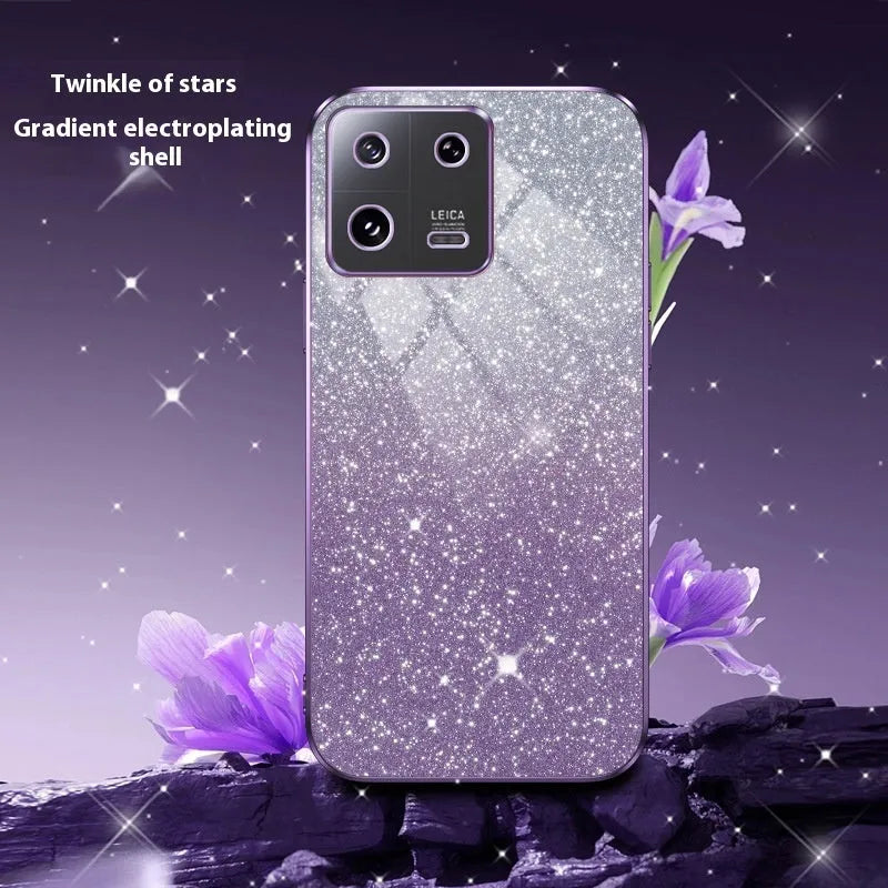 Gradient glitter electroplating phone case for Xiaomi showing purple colour with fine holes