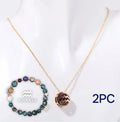 Natural stone beaded necklace and matching bracelet set on a dark background.