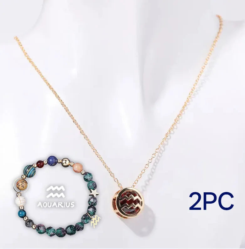 Natural stone beaded necklace and matching bracelet set on a dark background.