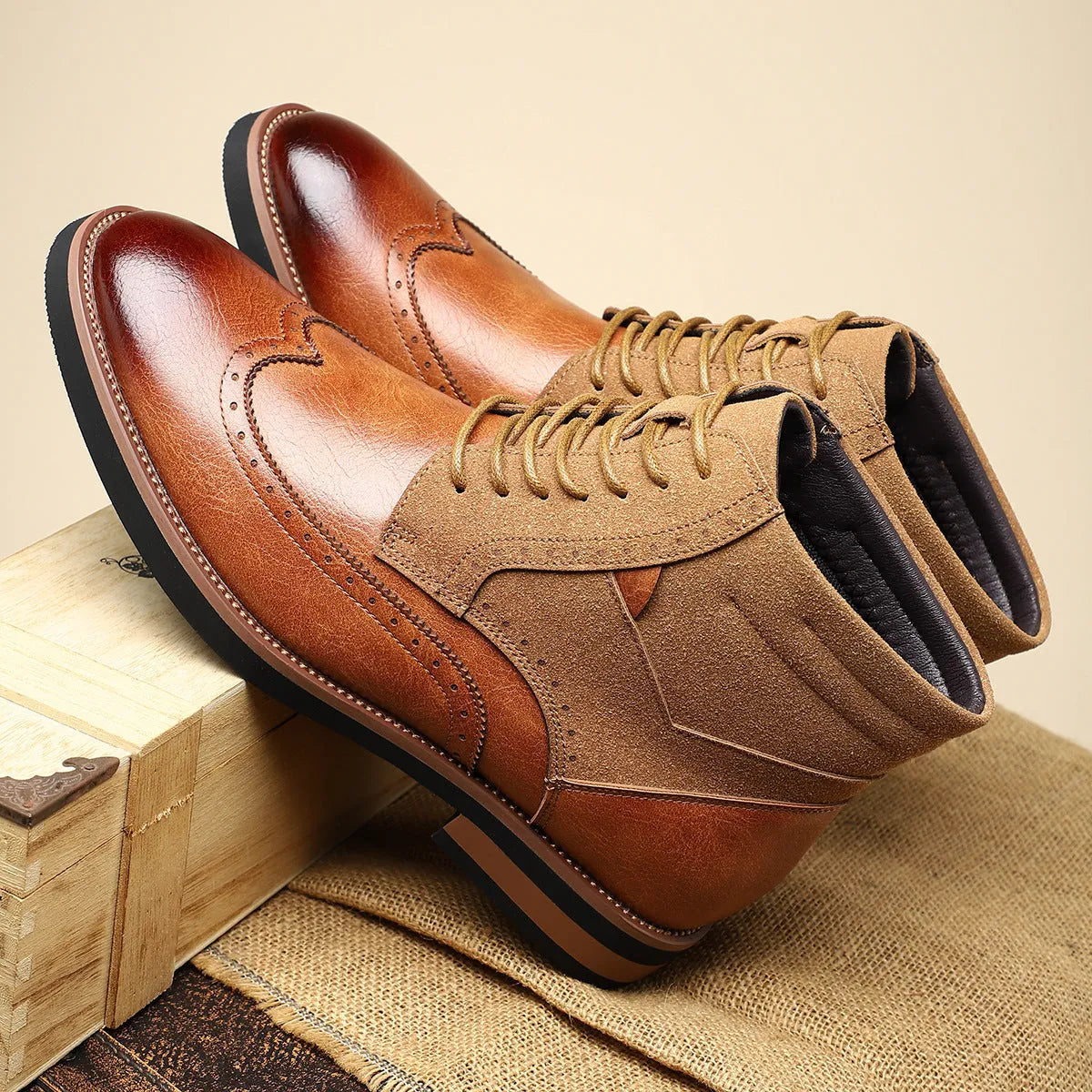 Men's retro Martin boots with carved leather patchwork, block heel, pointed toe, in brown colour