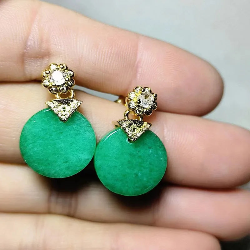 Emerald inlaid jade earrings for women square shape quartz rock lightweight 10g