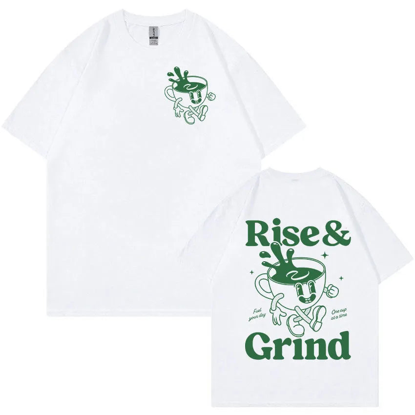 A loose-fit black linen t-shirt with a printed Rise And Grind Green Coffee Fun Expression Bag cartoon design on the front.