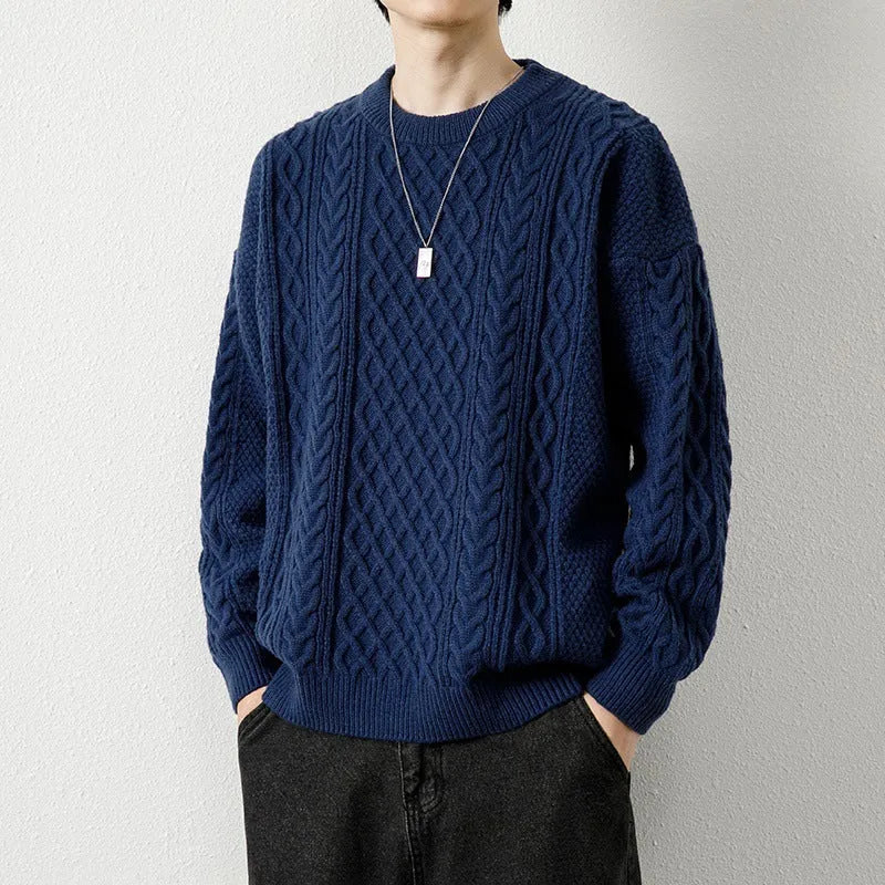 Men's round neck knitted sweater pullover in beige, loose fit polyester fibre top