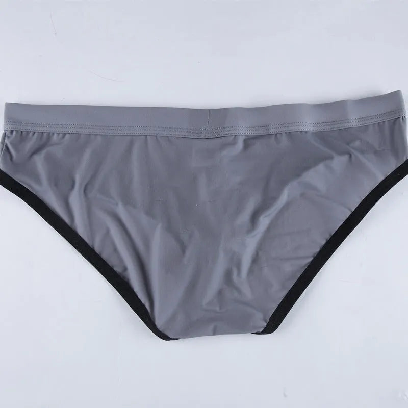 Men's Ice Silk bazooka briefs in multiple colours, showing mid-waist design and bullet separation feature.