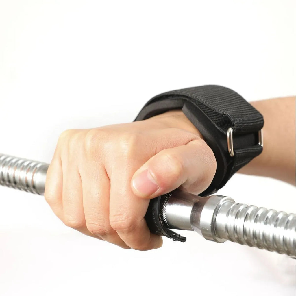 Black rubber weightlifting palm protector belt for non-slip grip during barbell and rock climbing.