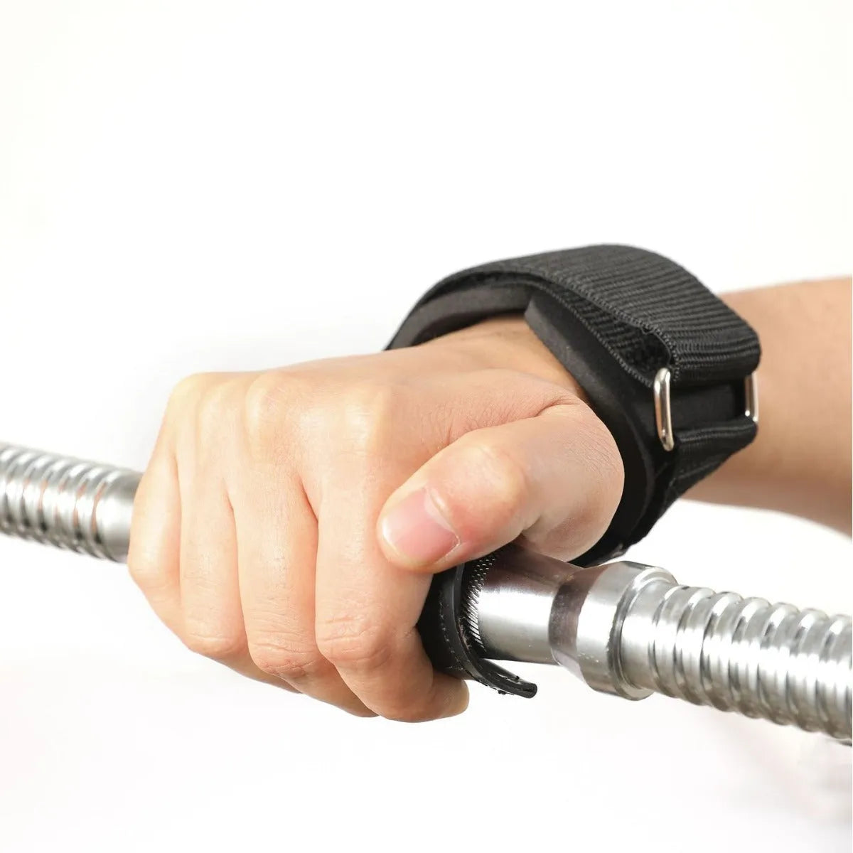 Black rubber weightlifting palm protector belt for non-slip grip during barbell and rock climbing.