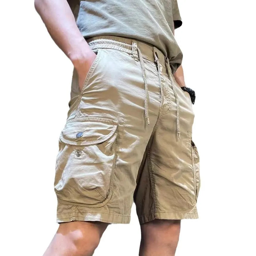 Korean style loose straight-leg casual overalls trousers with multiple pockets in khaki colour.