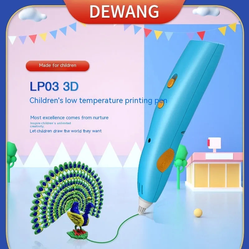 Wireless 3D printing pen for children, plastic body, 142x29x26mm, in blue on white background