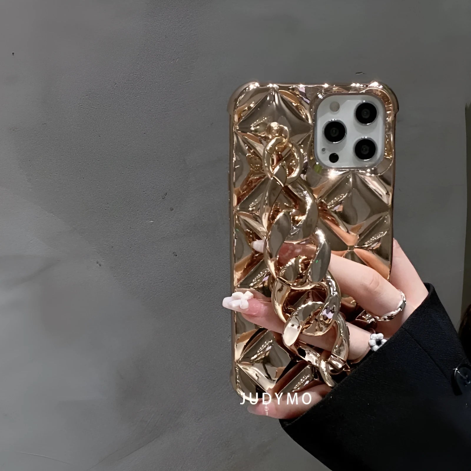 Diamond gold silicone phone case with golden chain for iPhone, front and back view