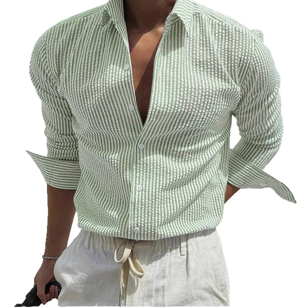 Men's blue striped long sleeve shirt with a cardigan lapel collar, laid flat.