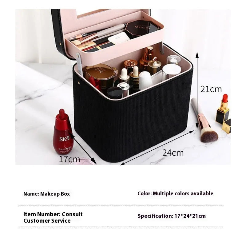 Large corduroy cosmetic storage box with solid colour options for home organisation.