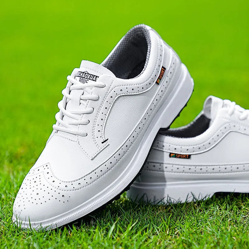 Men's genuine leather golf shoe with non-slip rubber outsole in Lake Blue or White.