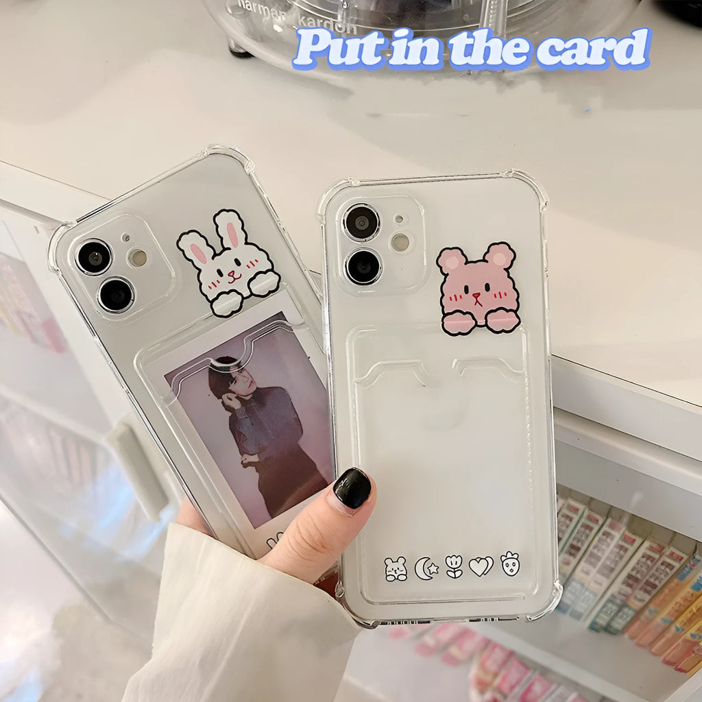 Transparent cartoon design TPU phone case with card holder slot for Apple iPhone.