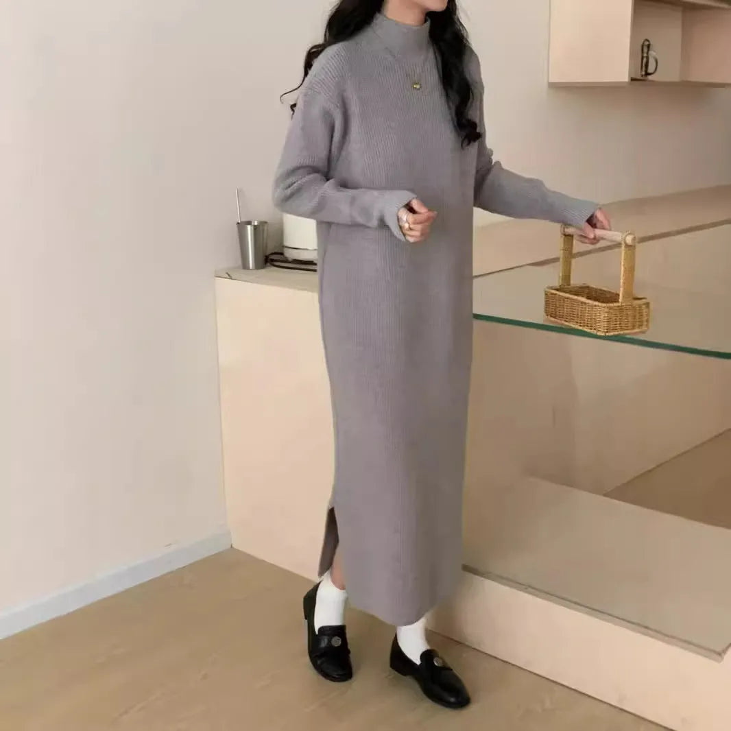 Acrylic half turtleneck knee-length knit dress in khaki colour with long sleeves.