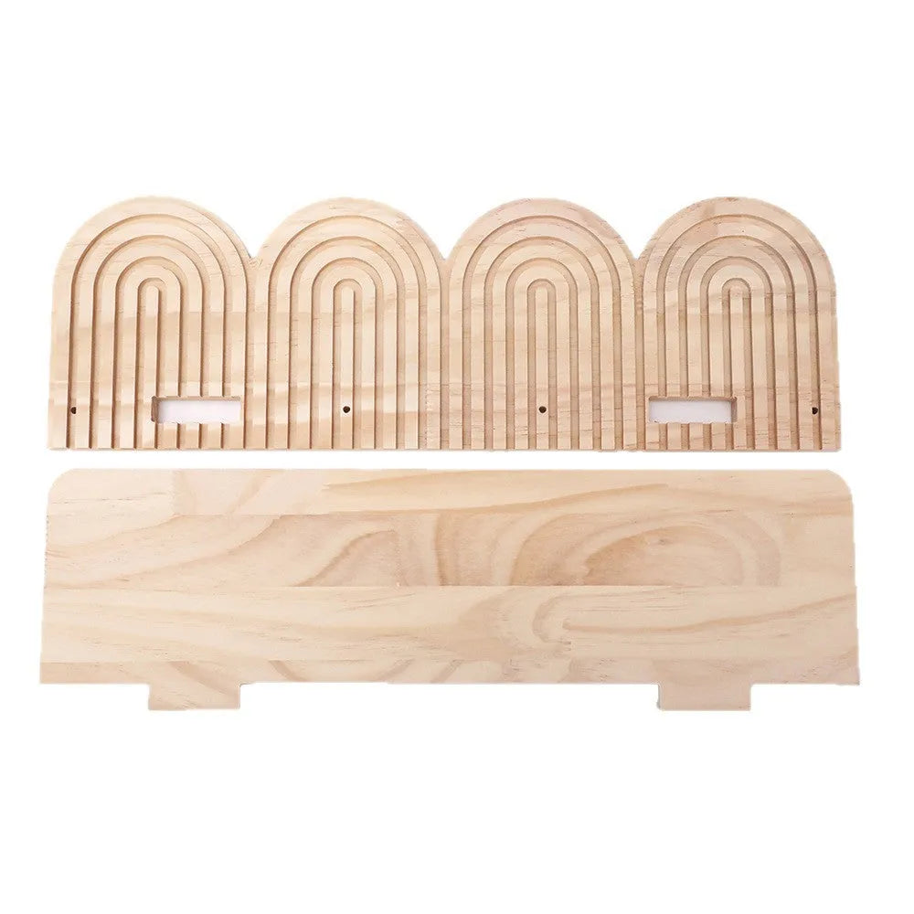 Solid wood multi-layer wall rack holding several flower pots for home decoration.