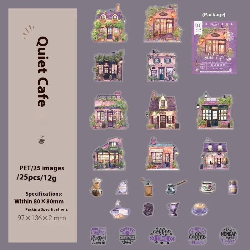 Encounter Cafe Series hand account sticker package with retro style, six colour themes, 25 or 75 stickers for scrapbooking