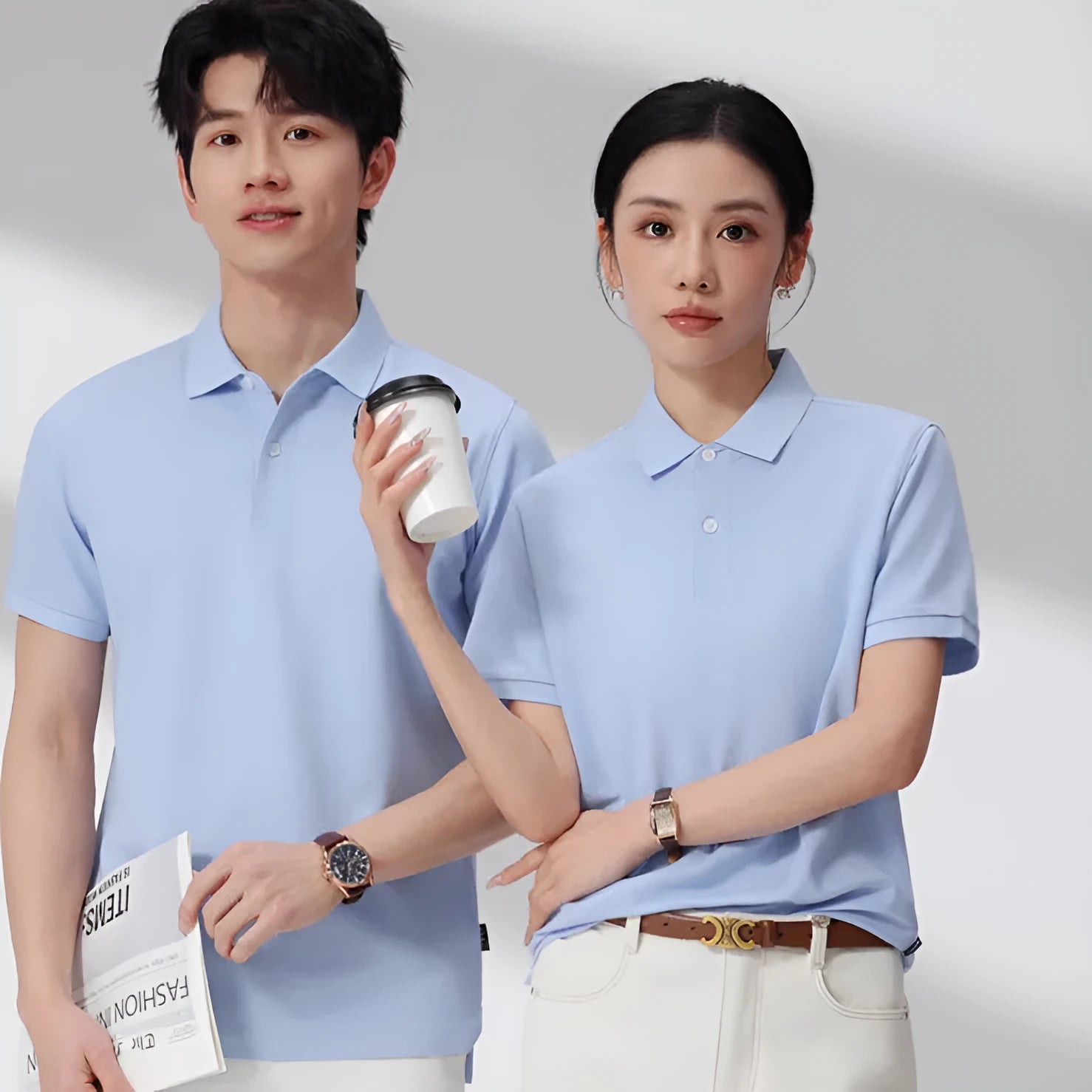 Men's light blue cotton ice silk polo shirt with an asymmetric lapel and short sleeves.