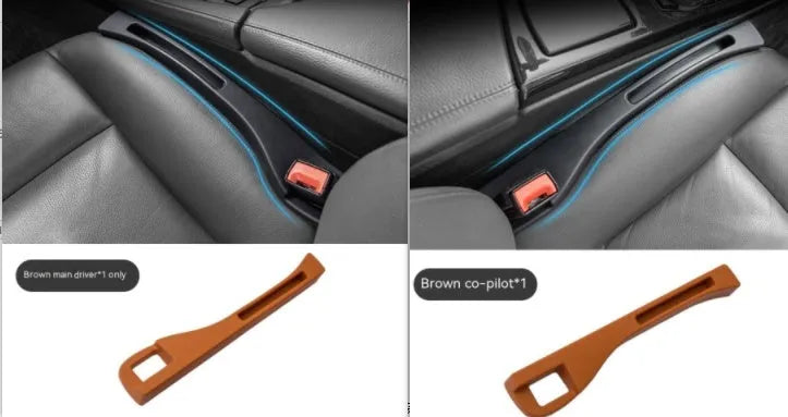 Black plastic car seat gap storage organiser box with handle inserted between vehicle seats