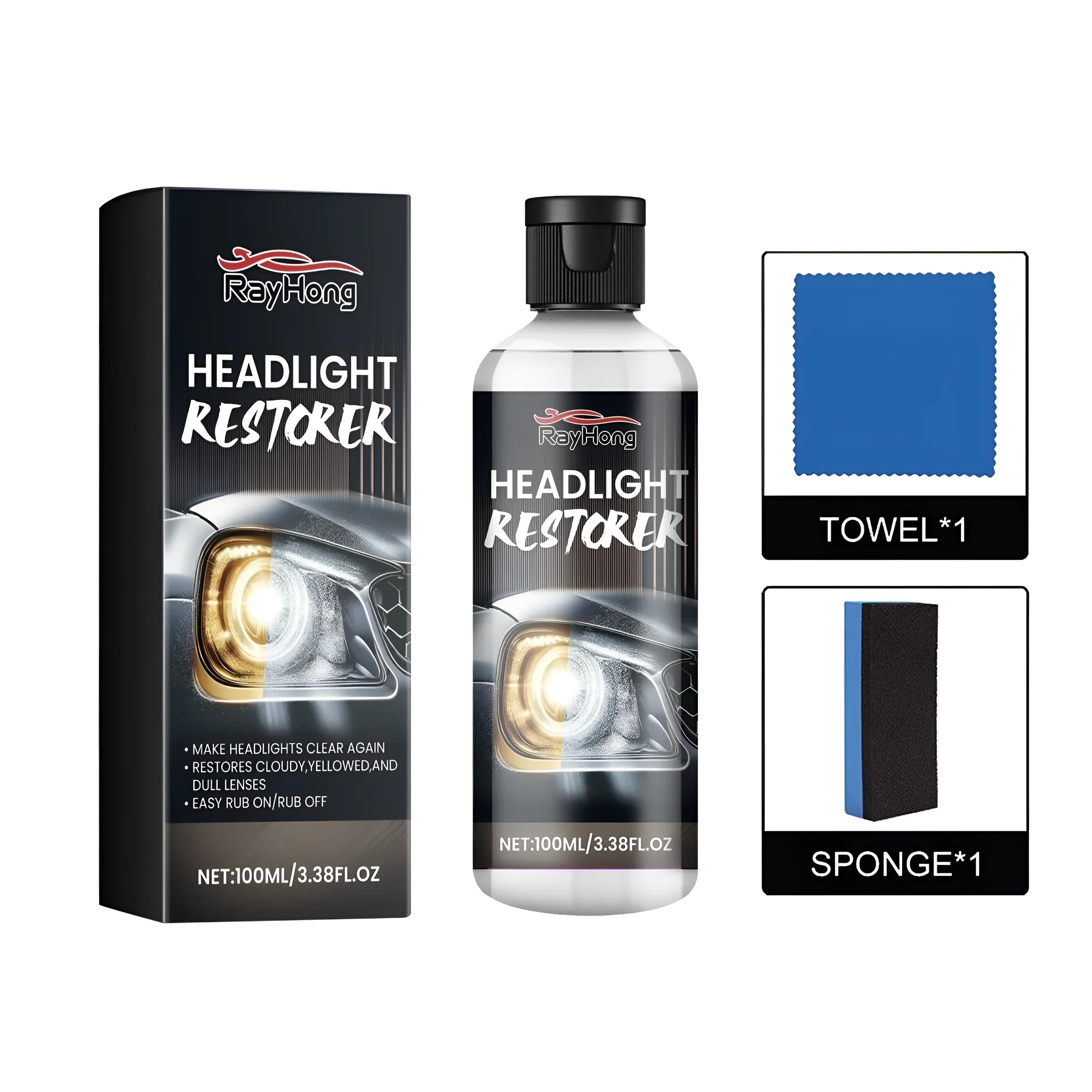 Headlight restorer kit with polishing fluid bottle, application sponge and microfiber cloth for car headlight restoration