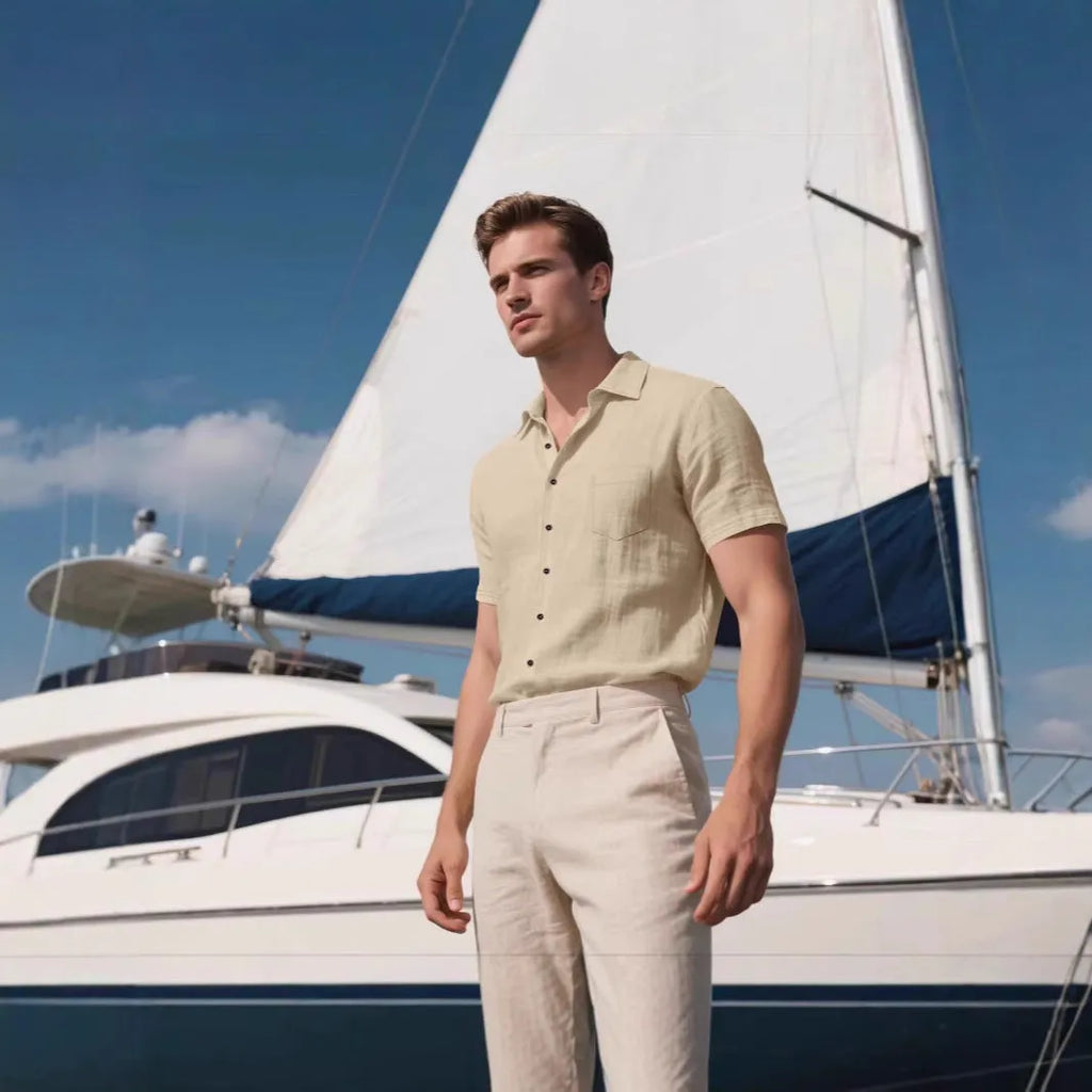 Men's loose fit linen short-sleeved cardigan shirt in cotton blend fabric, solid colour