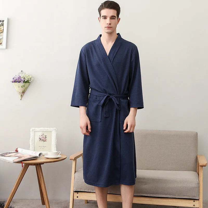 Unisex cardigan nightgown with three quarter sleeves in HFG navy blue, 100% polyester