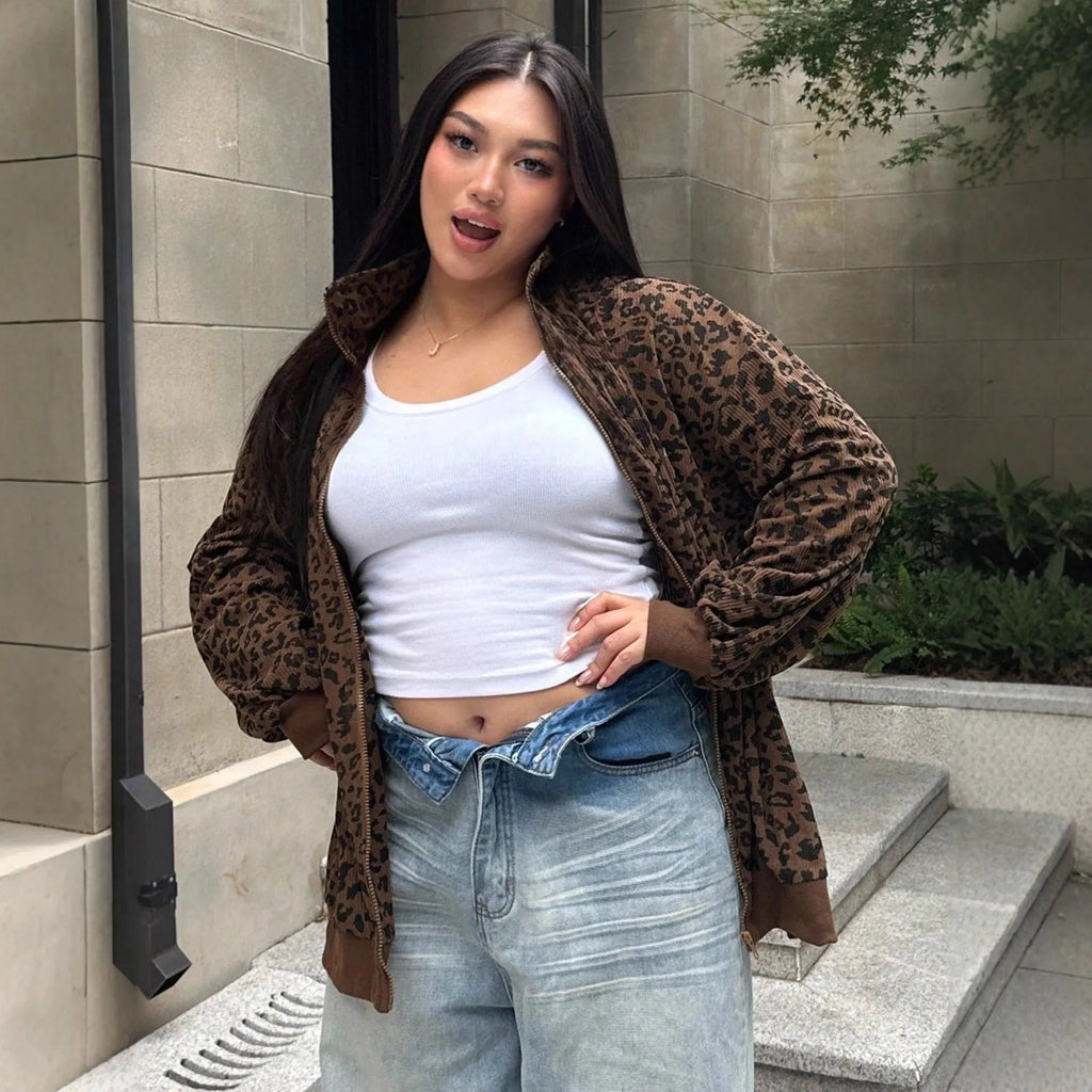 Brown leopard print corduroy zip-up sweatshirt for women with long sleeves and loose fit
