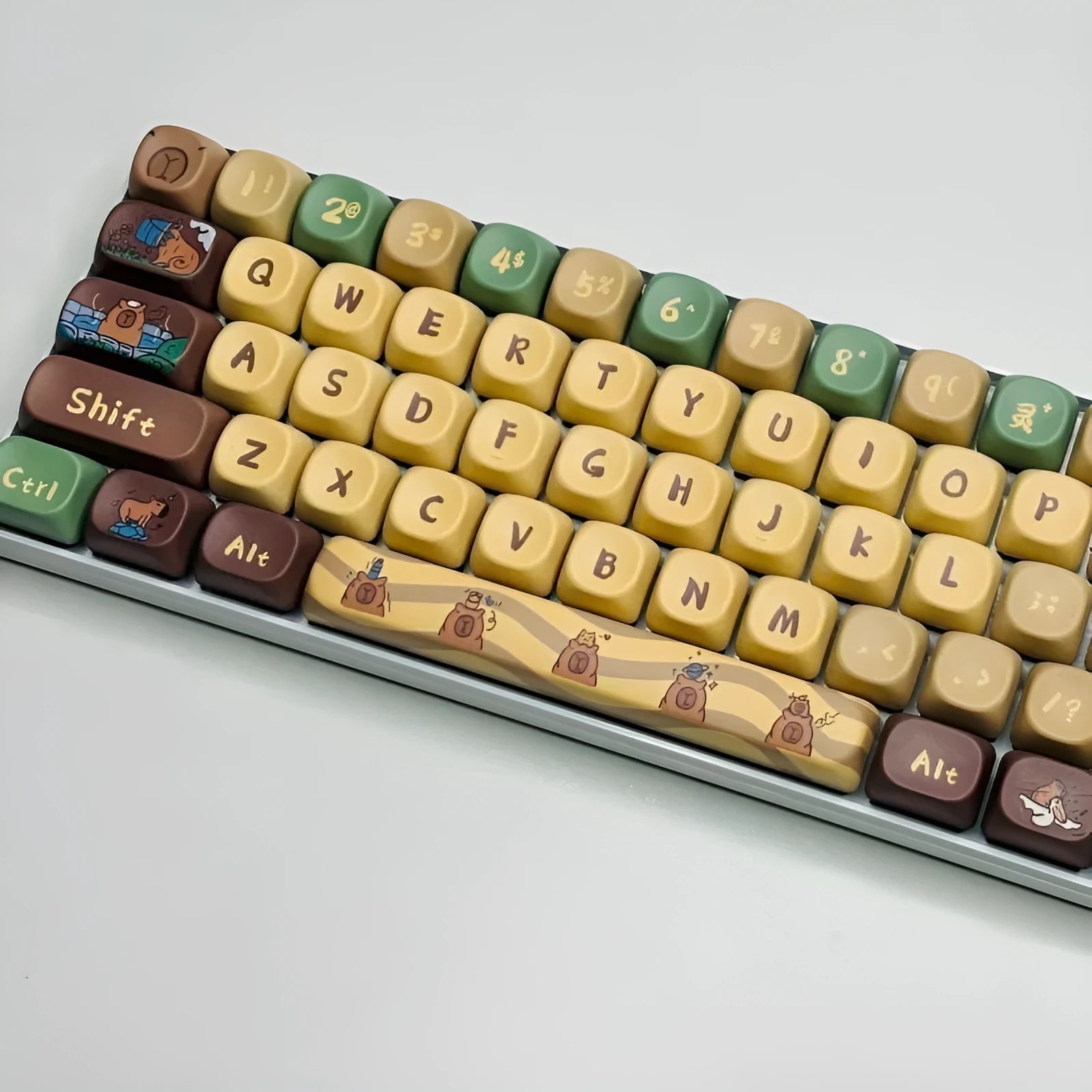 Capabala PBT Girl MOA height 130-key mechanical keyboard keycap set laid out, showing colourful design.