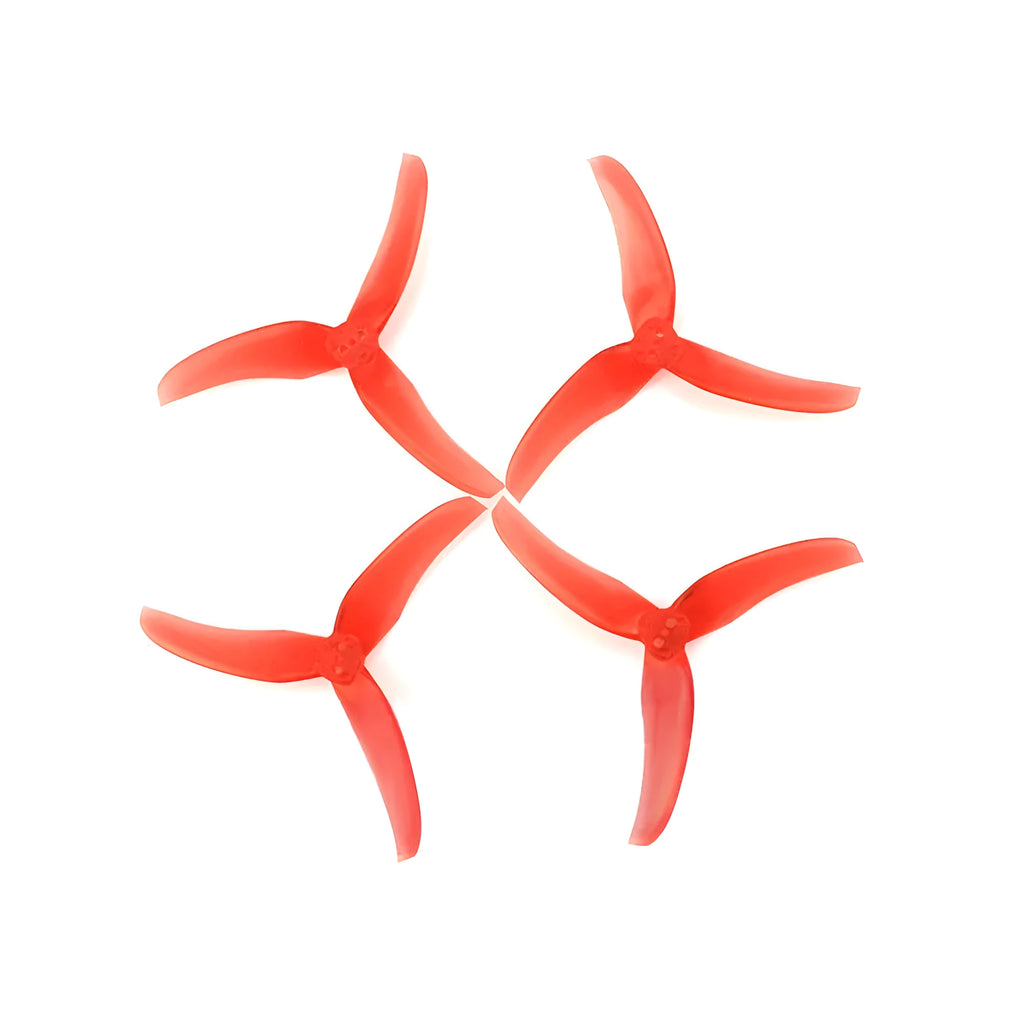 Four red plastic machete screw paddle blades, 90mm diameter, 2.8in pitch, on white background