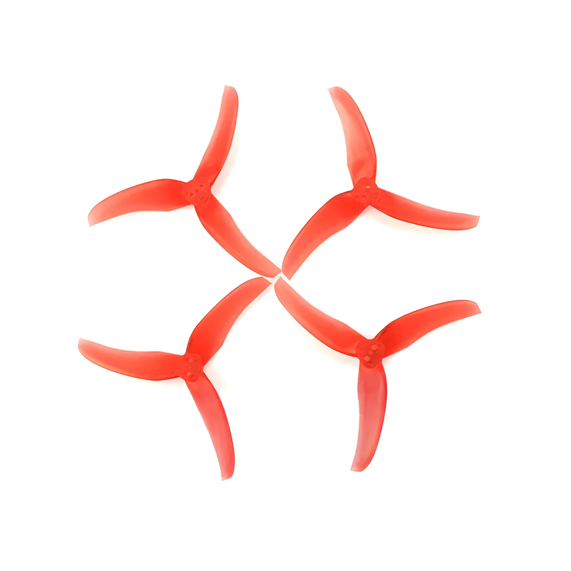 Four red plastic machete screw paddle blades, 90mm diameter, 2.8in pitch, on white background