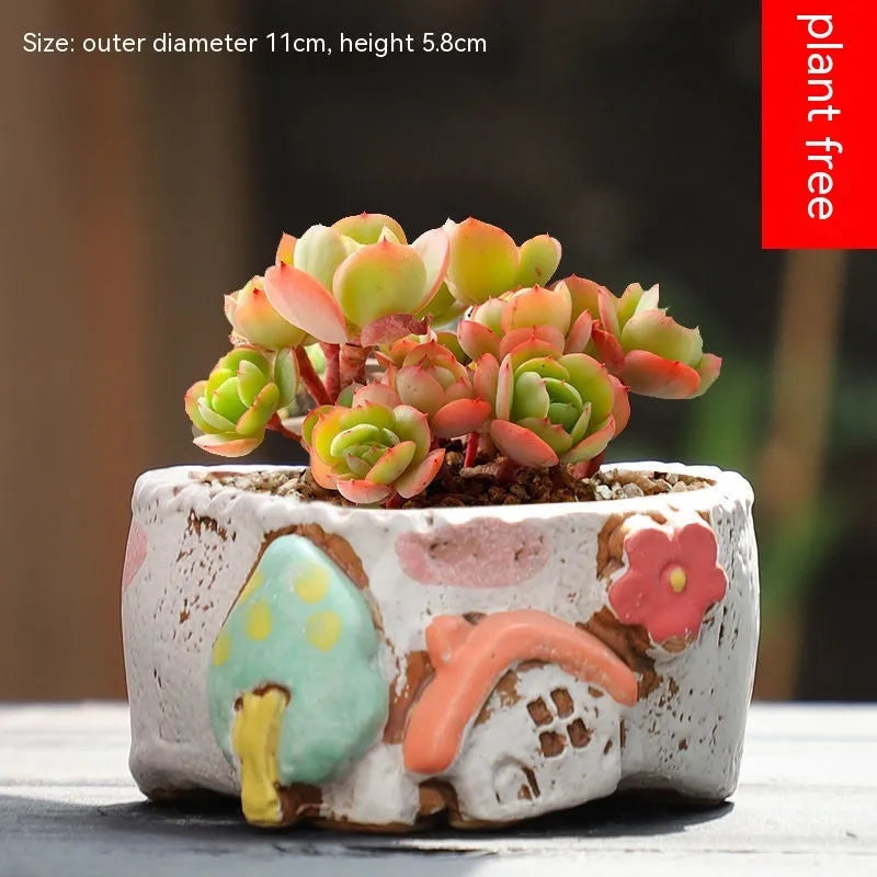 Ceramic combination flower pot with hand-painted pastoral design for plant display