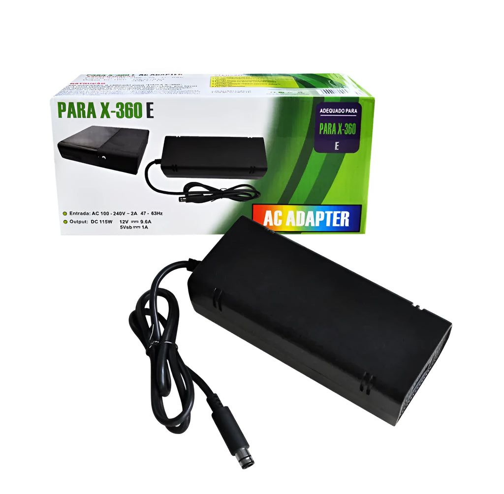 Black Xbox 360 E console AC power adapter with plug options for EU, UK, and US sockets.