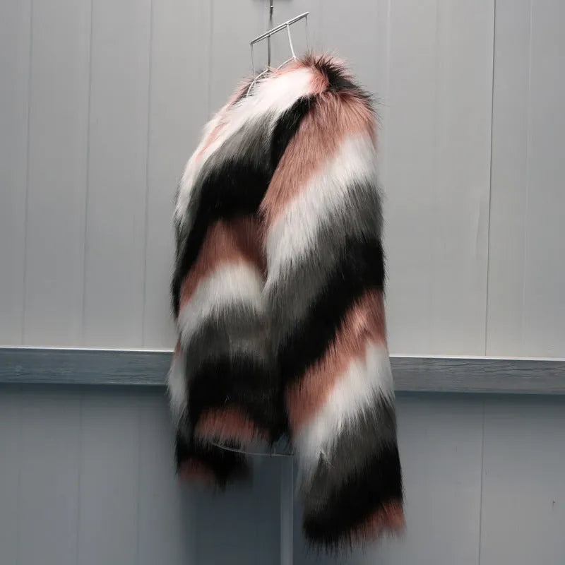 Korean style women's faux fur short coat with O-neck and long sleeves in picture colour.