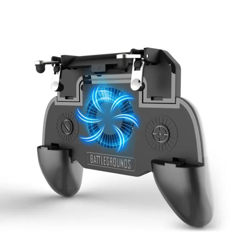 Black mobile game controller with USB cable for smartphones on a grey background.