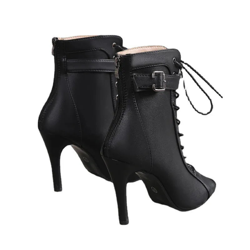 Black women's peep toe high heel pumps with back zipper and lace-up buckle detail