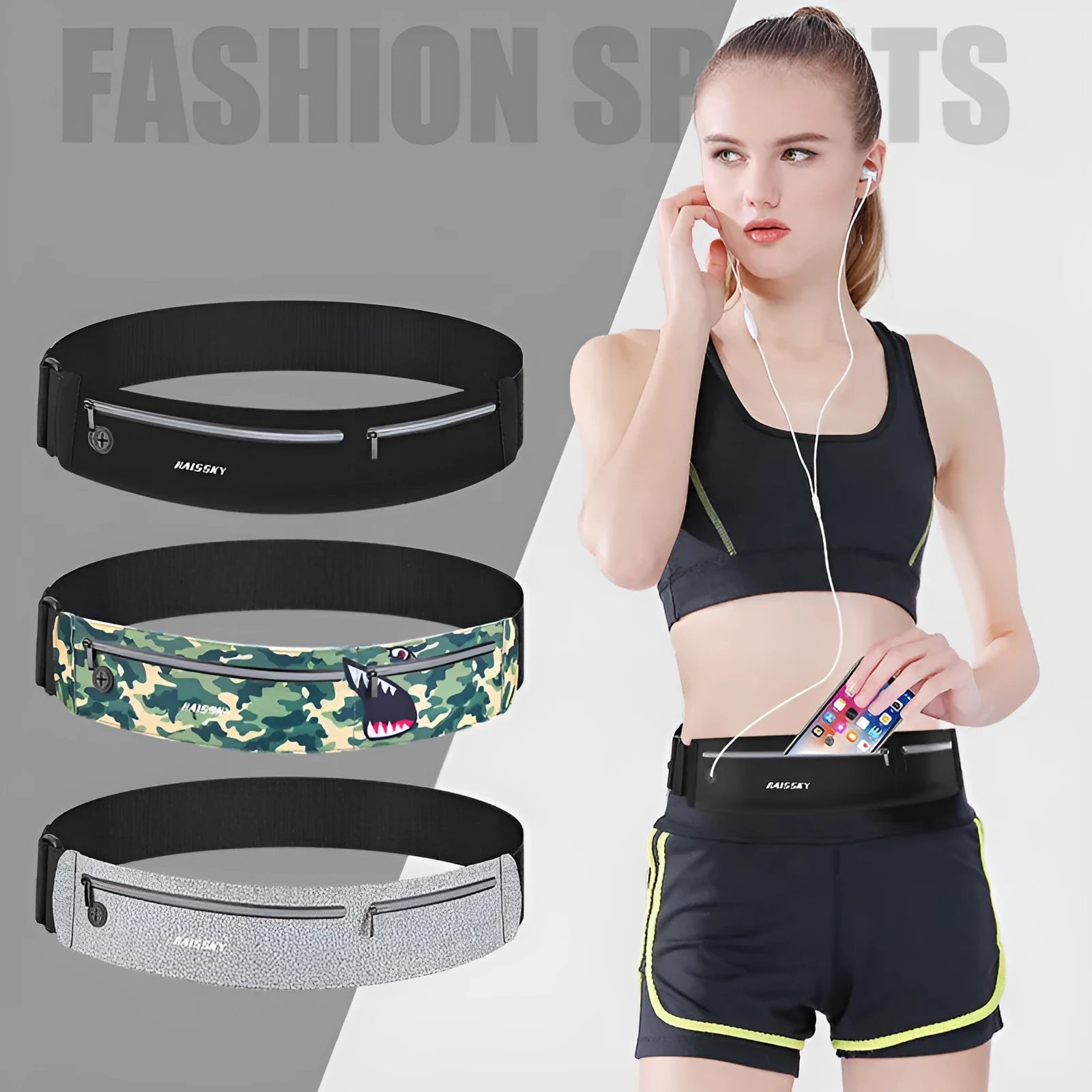 Unisex waterproof waist bag in camouflage crocodile, heather grey, or black, showing 8-inch chinlon Lycra construction.