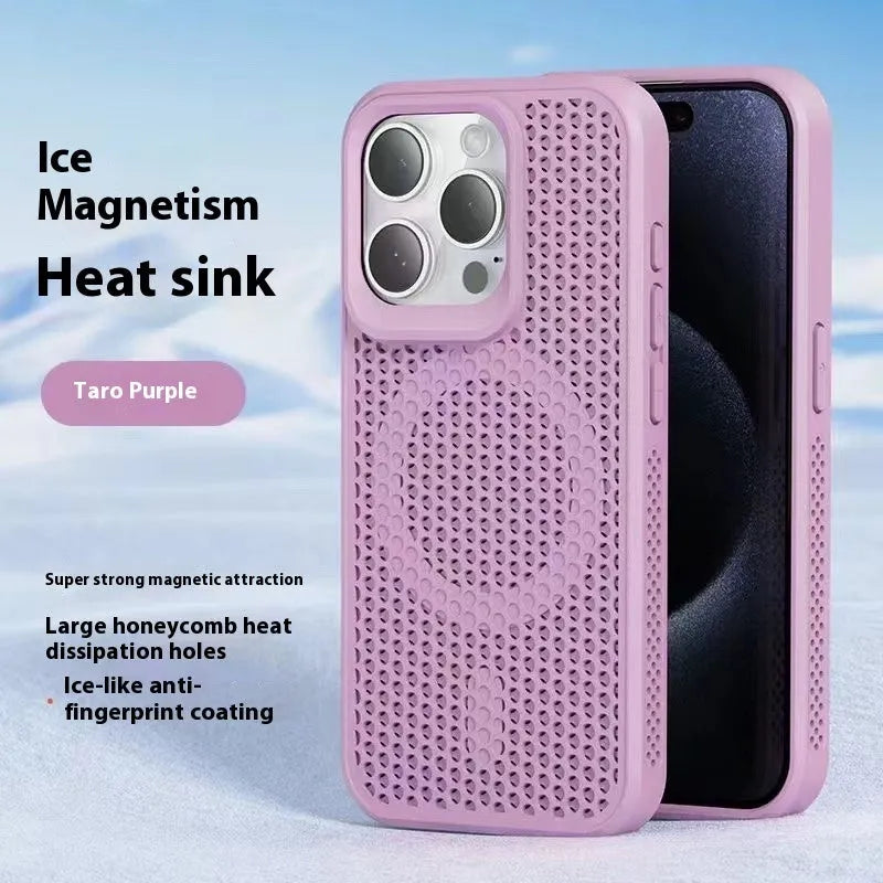 Honeycomb mesh magnetic phone case for iPhone in black, showing heat dissipation design and hard PC shell.