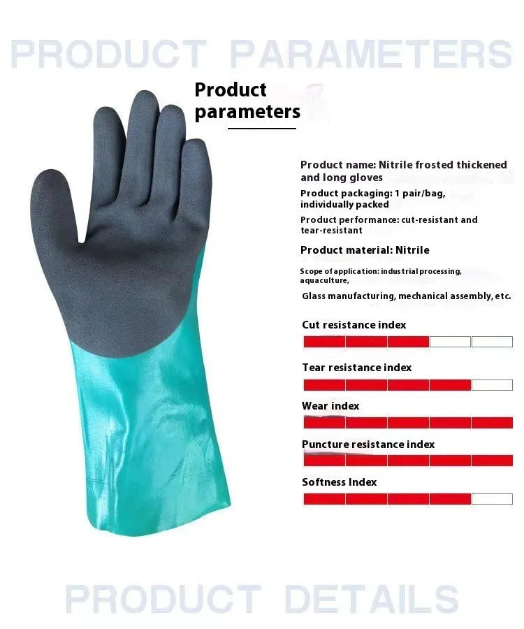Navy blue nitrile fishing gloves with extended cuff, shown on hands holding a fish.