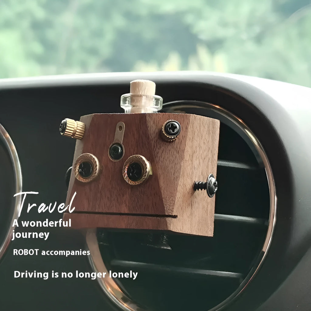 Wooden square robot car decoration with essential oil bottle in creative trend style