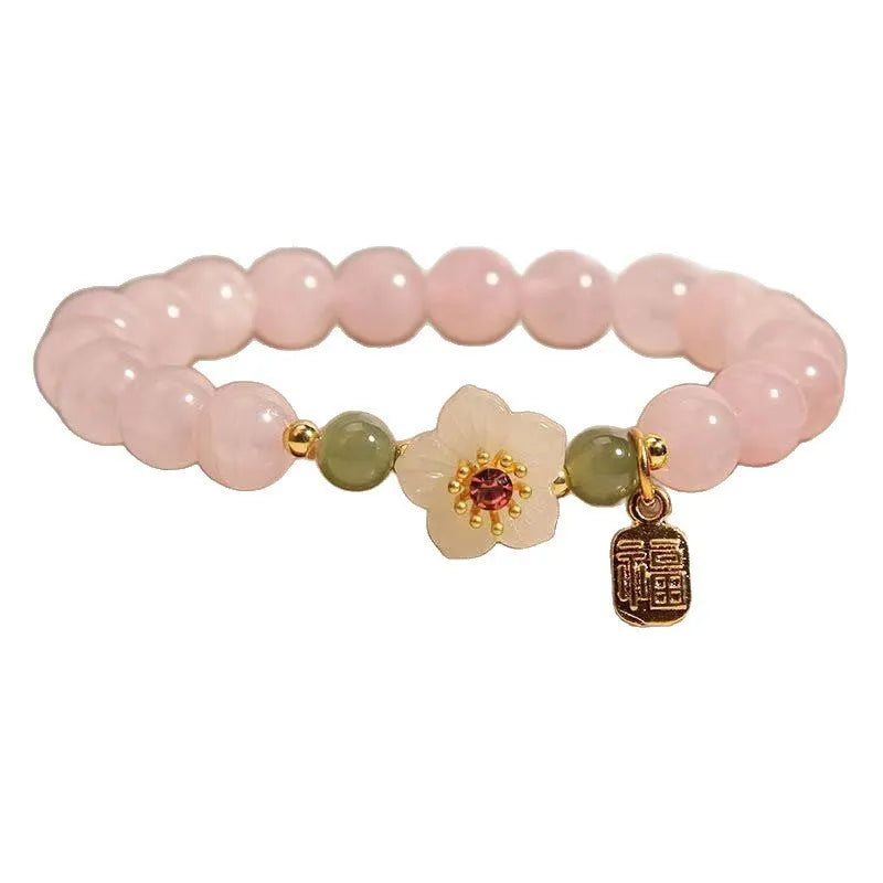 Polished crystal Hetian jade beaded bracelet with peach blossom and camellia pastoral design in blessing card colour