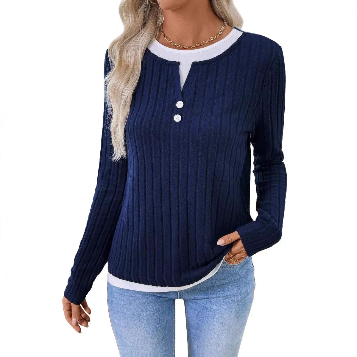 Women's solid colour button-front pullover sweater with a concave stripe texture pattern.